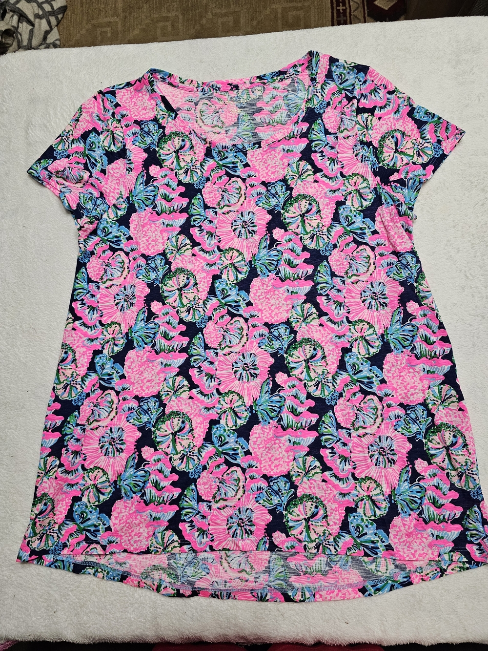 Lilly Pulitzer Pink and Navy Floral Short Sleeve Tunic